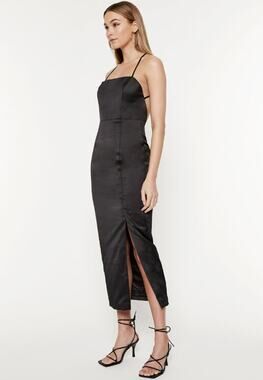 Bardot Hallie Midi Dress Satin Square Neck Criss Cross Open Back Slit, Black